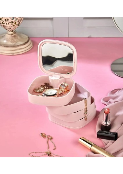 4 Katlı Aynalı Kare Takı Organizer, 360 Derece Dönebilen, Şık ve Mini Boy 11X11 indirimleri