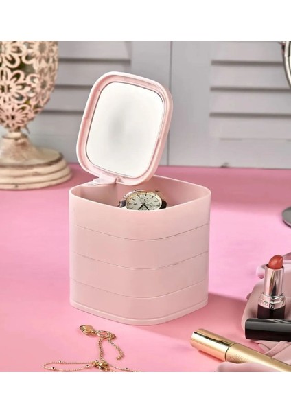 4 Katlı Aynalı Kare Takı Organizer, 360 Derece Dönebilen, Şık ve Mini Boy 11X11
