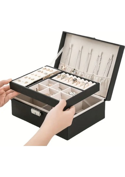 Şık Siyah Pu Deri Takı ve Mücevher Saklama Kutusu