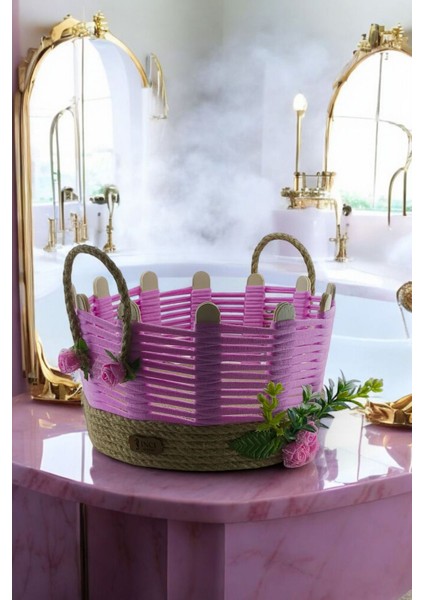 El Emeği Hasır Takı ve Makyaj Organizeri, Büyük Boy, 25 cm, Pembe Renk fiyatları