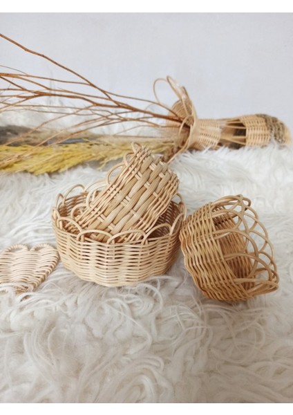 Renkli Hasır Bambu Rattan 3'lü Takı ve Toka Sepeti Seti