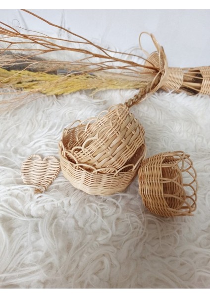 Renkli Hasır Bambu Rattan 3'lü Takı ve Toka Sepeti Seti
