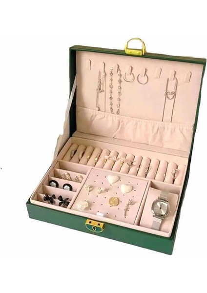 Yeşil Suni Deri Kilitli Takı ve Aksesuar Organizeri, Şık ve Kullanışlı Tasarım