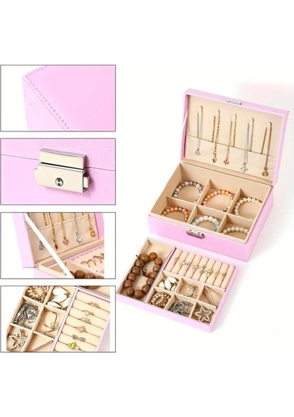 Pembe Pu Deri Takı ve Mücevher Kutusu, Şık ve Organizer Tasarımı