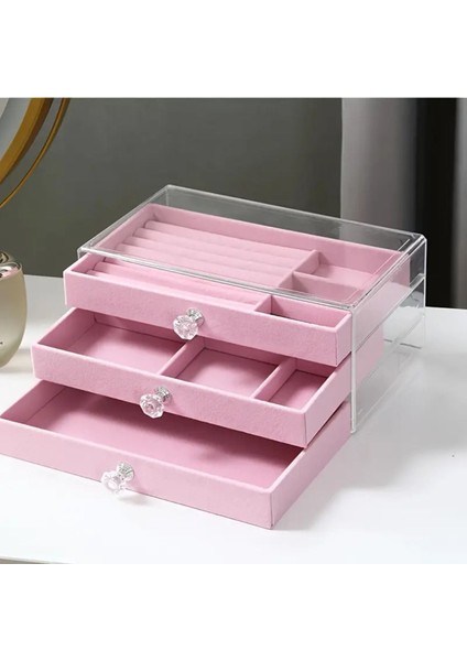 Kadife 3 Çekmeceli Takı Kutusu Organizer, Şeffaf, 13X23X10 Cm, Pembe