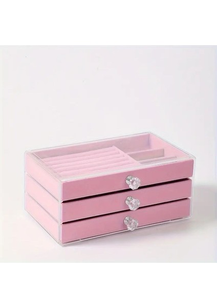 Kadife 3 Çekmeceli Takı Kutusu Organizer, Şeffaf, 13X23X10 Cm, Pembe fiyatları