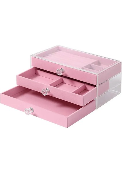 Kadife 3 Çekmeceli Takı Kutusu Organizer, Şeffaf, 13X23X10 Cm, Pembe modelleri