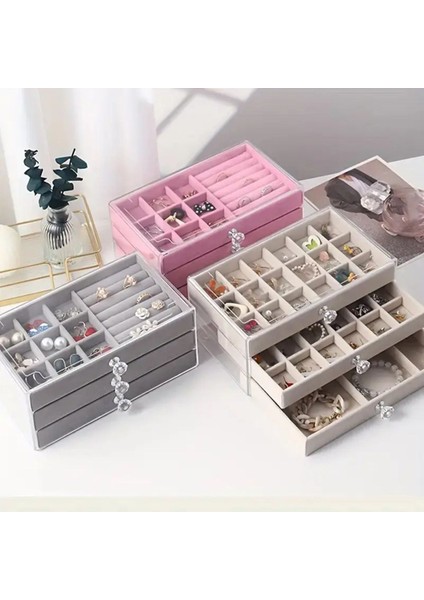 Kadife 3 Çekmeceli Takı Kutusu Organizer, Şeffaf, 13X23X10 Cm, Pembe fırsatları