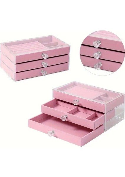 Kadife 3 Çekmeceli Takı Kutusu Organizer, Şeffaf, 13X23X10 Cm, Pembe indirimleri