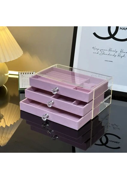 Kadife 3 Çekmeceli Takı Kutusu Organizer, Şeffaf, 13X23X10 Cm, Pembe