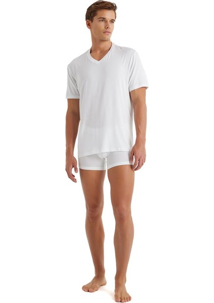 Silver V Yaka Kısa Kol Beyaz T-Shirt 9308