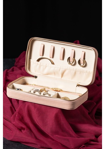Pembe Deri Takı Kutusu Orta Boy 22x11 Saklama ve Organizer Çantası
