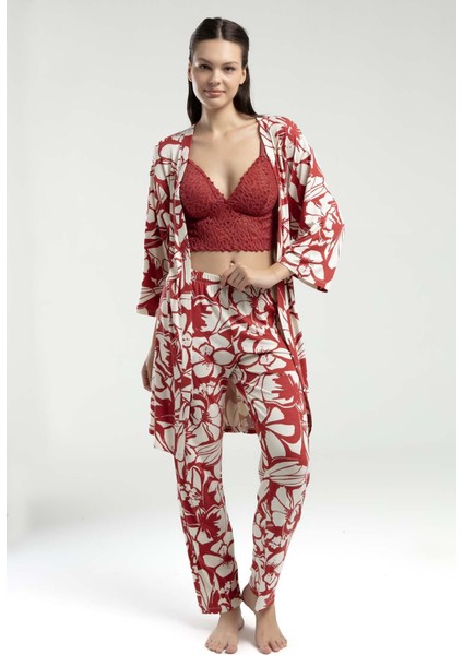 Kadın 3'lü Kutulu Pijama Takım, Sabahlık, Bralet, Pantolon