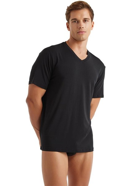 Silver V Yaka Kısa Kol Siyah T-Shirt 9308 modelleri