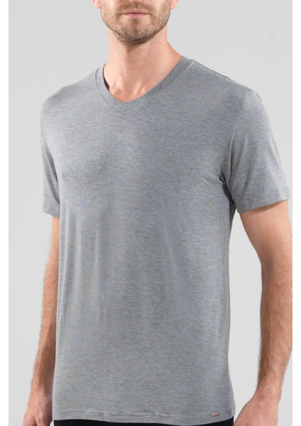 Silver V Yaka Kısa Kol Gri T-Shirt 9308