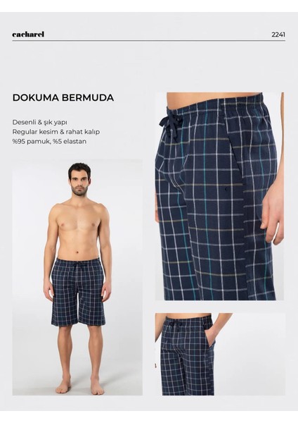 Erkek Ekoseli Cepli Dokuma Bermuda Şort, %95 Pamuk %5 Likra