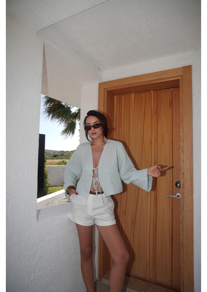 Mavi Müslin Kumaş Önden Bağlamalı Bluz 27355 modelleri