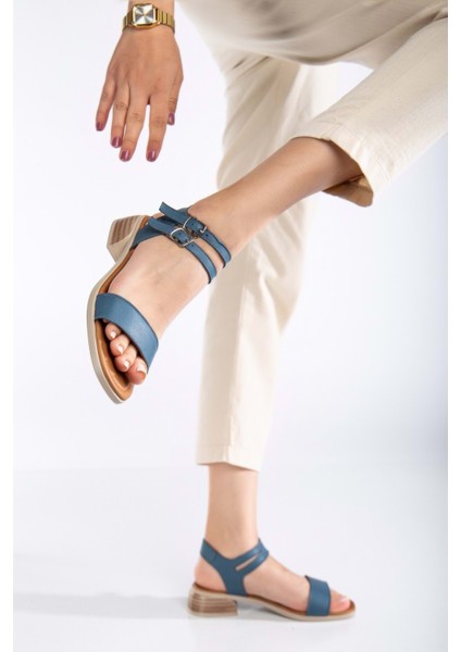Kadın Hakiki Deri Bantlı Alçak Topuklu Sandalet - Kot Mavi fiyatları