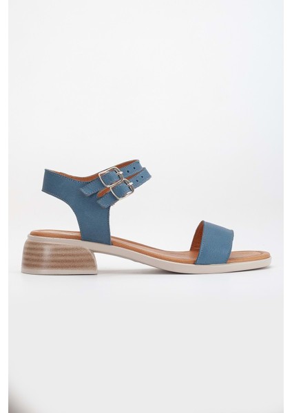 Kadın Hakiki Deri Bantlı Alçak Topuklu Sandalet - Kot Mavi modelleri