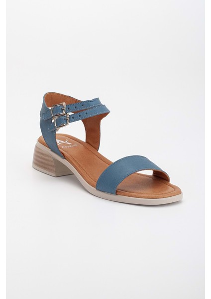 Kadın Hakiki Deri Bantlı Alçak Topuklu Sandalet - Kot Mavi fırsatları