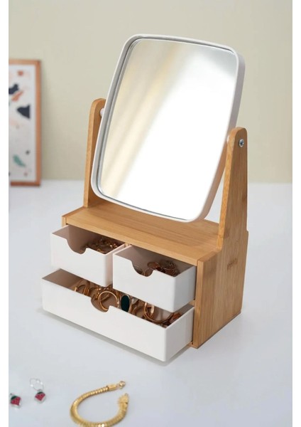 Beyaz Bambu 3 Çekmeceli Aynalı Makyaj ve Takı Organizer
