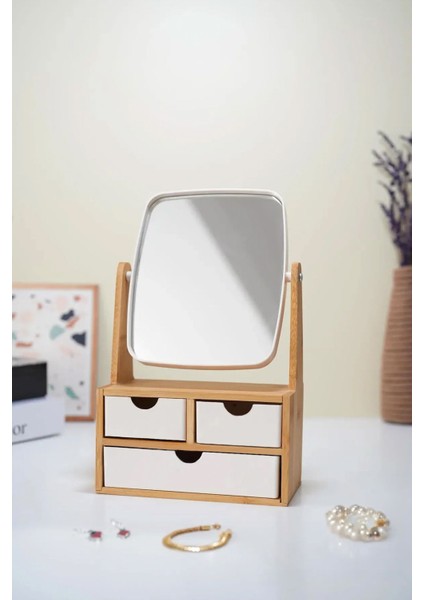Beyaz Bambu 3 Çekmeceli Aynalı Makyaj ve Takı Organizer fiyatları