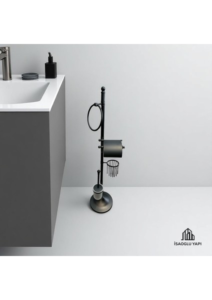 Isaoğlu Yapı Siyah Tuvalet Kağıtlığı Siyah Klozet Fırçası Siyah Havluluk Komple Banyo Seti Pirinç Materyal