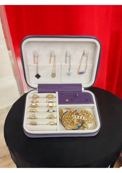 14X21 cm Mor Deri Ahşap Takı Saklama Kutusu Seyahat Çantası