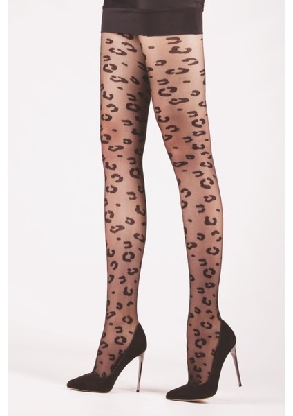 Külotlu Çorap Retro Leopar Desenli Siyah 38 - 40