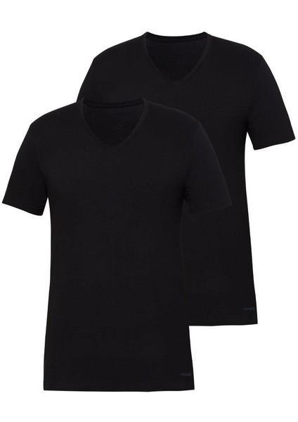 Tender Cotton 2 li V Yaka Kısa Kol Siyah T-Shirt 9671