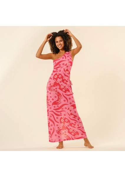 Protı Dijital Baskılı Asimetrik Polyester Elbise - Pembe