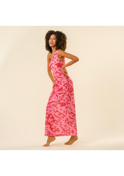 Protı Dijital Baskılı Asimetrik Polyester Elbise - Pembe