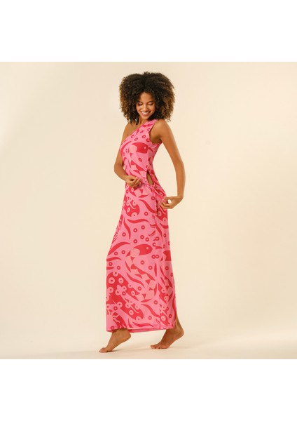 Protı Dijital Baskılı Asimetrik Polyester Elbise - Pembe