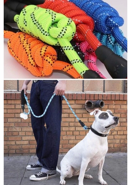 Reflektörlü Fosforlu Köpek Gezdirme Halatı Tasma Kayışı Metal Kancalı 130 cm