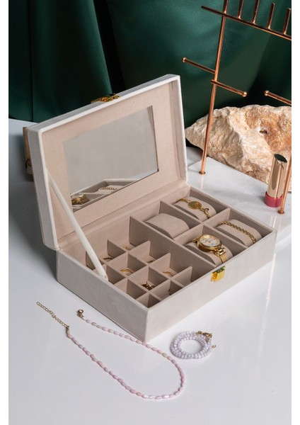 Kadife Takı Organizer, Aynalı Bej Mücevher Kutusu, 25X16X7 cm