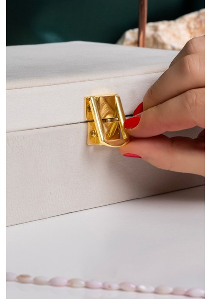 Kadife Takı Organizer, Aynalı Bej Mücevher Kutusu, 25X16X7 cm fiyatları