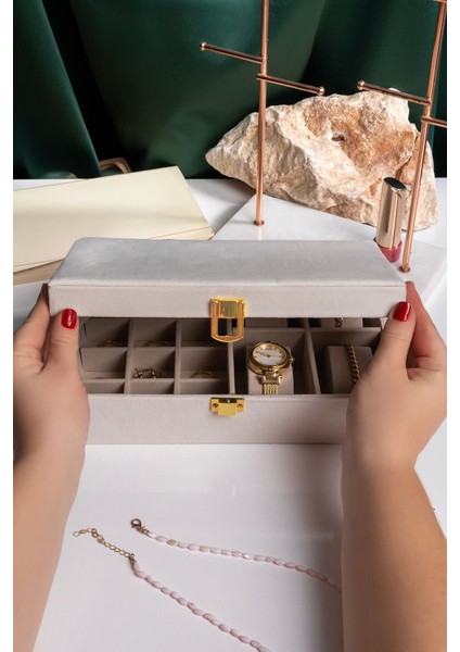 Kadife Takı Organizer, Aynalı Bej Mücevher Kutusu, 25X16X7 cm fırsatları