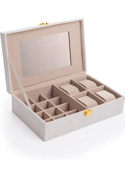 Kadife Takı Organizer, Aynalı Bej Mücevher Kutusu, 25X16X7 cm