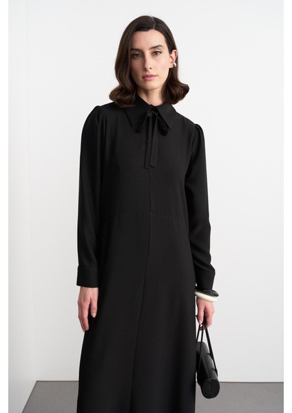 Yaka Bağlamalı Uzun Elbise Siyah fiyatları