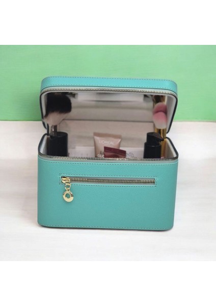 Su Yeşili Aynalı Seyahat Makyaj Çantası, Şık ve Pratik Tasarım