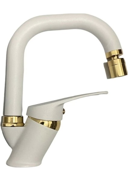 Beyaz Gold Banyo Lavabo Bataryası Musluğu Çeşmesi Oynar Başlıklı
