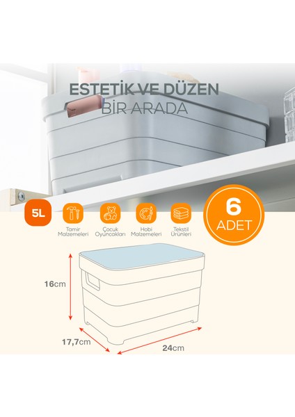 6'lı Kapaklı 5 Litre Saklama Kutusu Beyaz