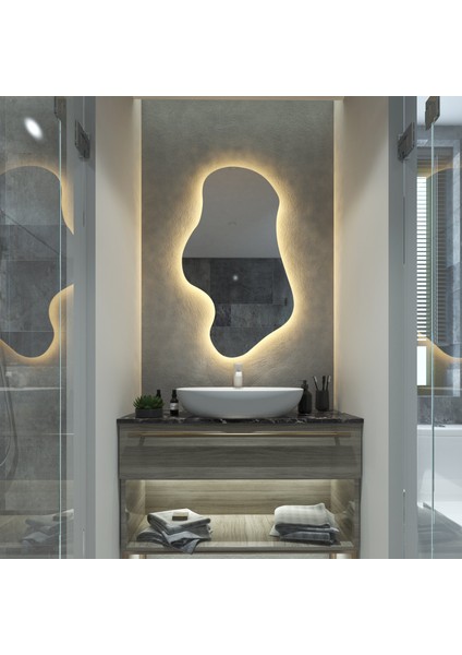 Organik Formlu LED Banyo Aynası – Asimetrik Duvar Tipi Işıklı Ayna (AYP181-L)