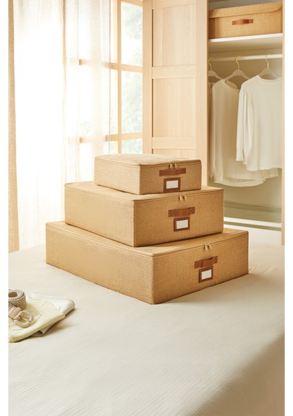 3'lü Jüt Baza Altı Valiz Düzenleyici Destekli Kutu Hurç 31 x 38 x 12 + 45 x 55 x 18 + 55 x 70 x 18 cm