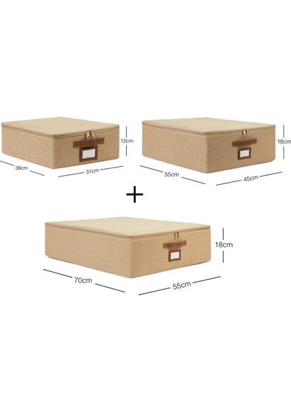 3'lü Jüt Baza Altı Valiz Düzenleyici Destekli Kutu Hurç 31 x 38 x 12 + 45 x 55 x 18 + 55 x 70 x 18 cm modelleri