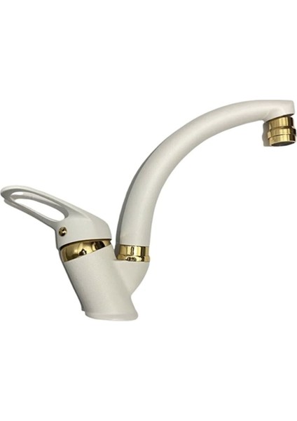 Beyaz Gold Lüx Lavabo Bataryası Musluğu Çeşmesi Oynar Başlıklı