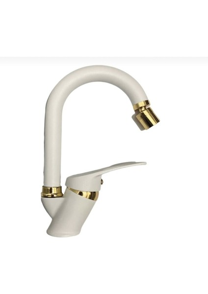 Kca Beyaz Gold Lüx Banyo Lavabo Bataryası Çeşmesi Musluğu Oynar Uçlu