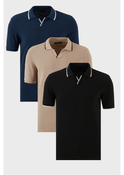 Pamuklu Regular Fit Şerit Detaylı 3'lü Paket Polo Yaka T Shirt Erkek Polo Yaka T Shirt 5902964S3