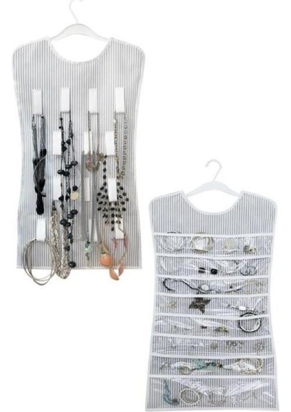 Elbiseli Takı Organizer, Çizgili Siyah, Iki Taraflı Mücevher ve Takı Düzenleyici