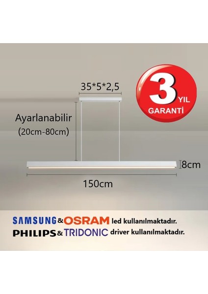 Lineer Sıcak Beyaz Işık 4000K 150CM Beyaz Kasa Ledli Sarkıt Modern Led, Salon, Mutfak, Masa Üstü Avize fiyatları